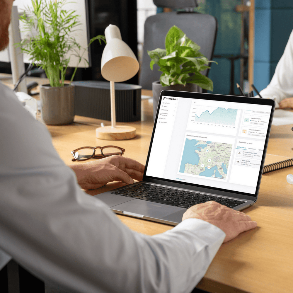 FretMarket analytics dashboard sur un ordinateur portable dans un environnement de travail moderne