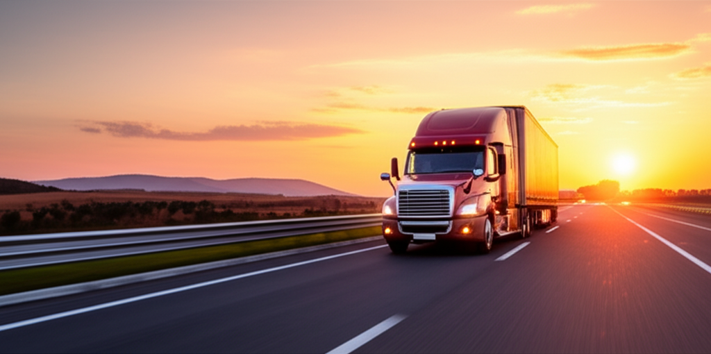 Camion FretMarket sur la route au coucher du soleil