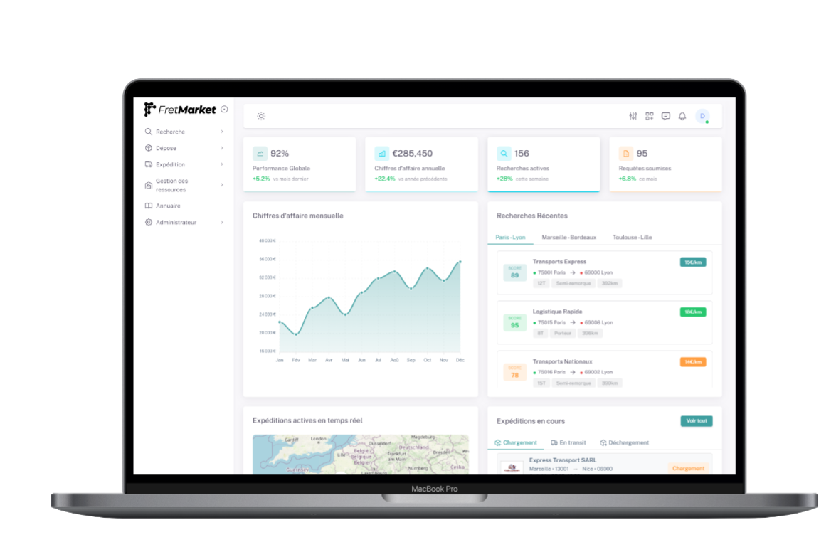 FretMarket dashboard sur MacBook Pro